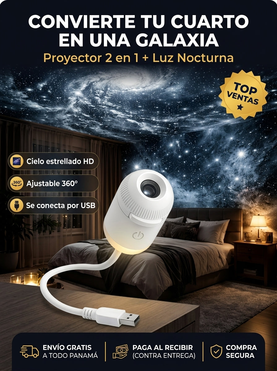 Proyector de Galaxia 2 en 1 – Cielo Estrellado + Luz Nocturna LED 360°
